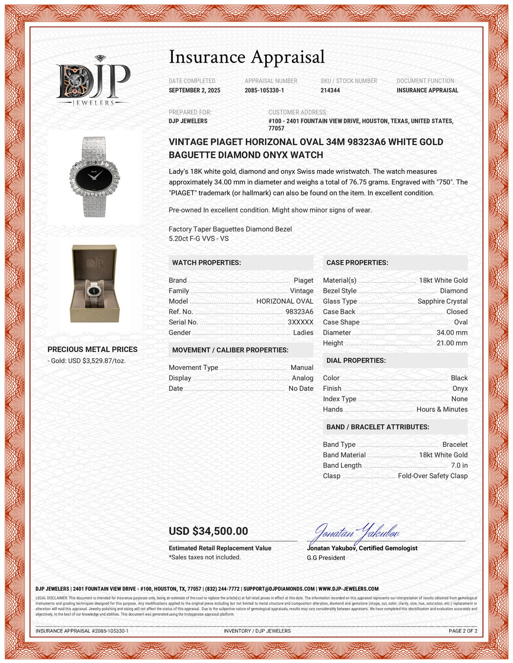 Vintage Piaget Horizonal Oval 34M 98323A6 White Gold Baguette Diamond Onyx Watch