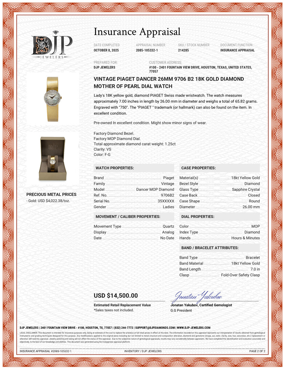 Vintage Piaget Dancer 26MM 9706 B2 18K Gold Diamond Mother of Pearl Dial Watch