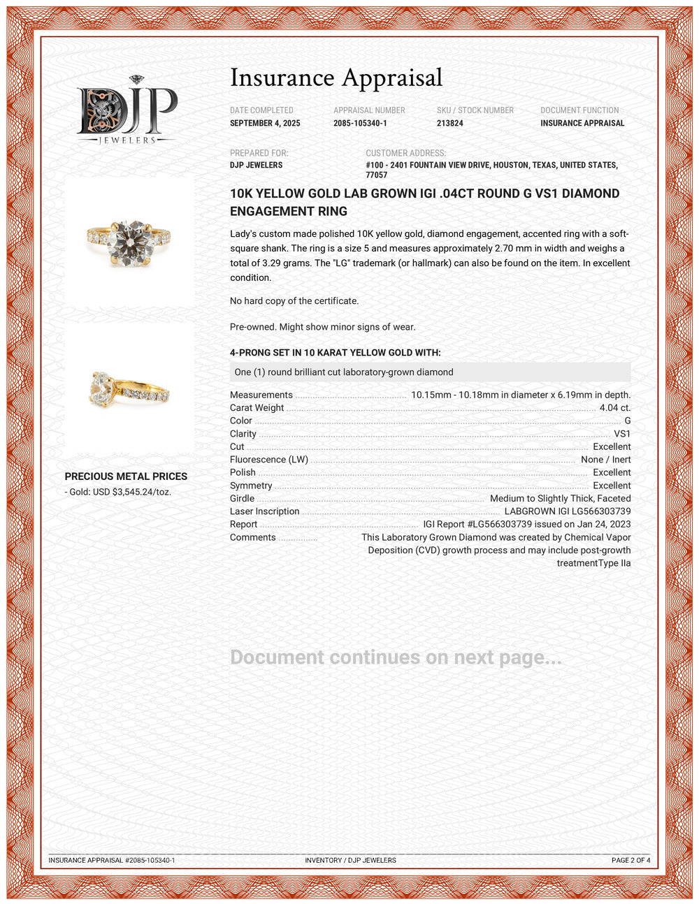 10K Yellow Gold Lab Grown IGI 4.04CT Round G VS1 Diamond Engagement Ring