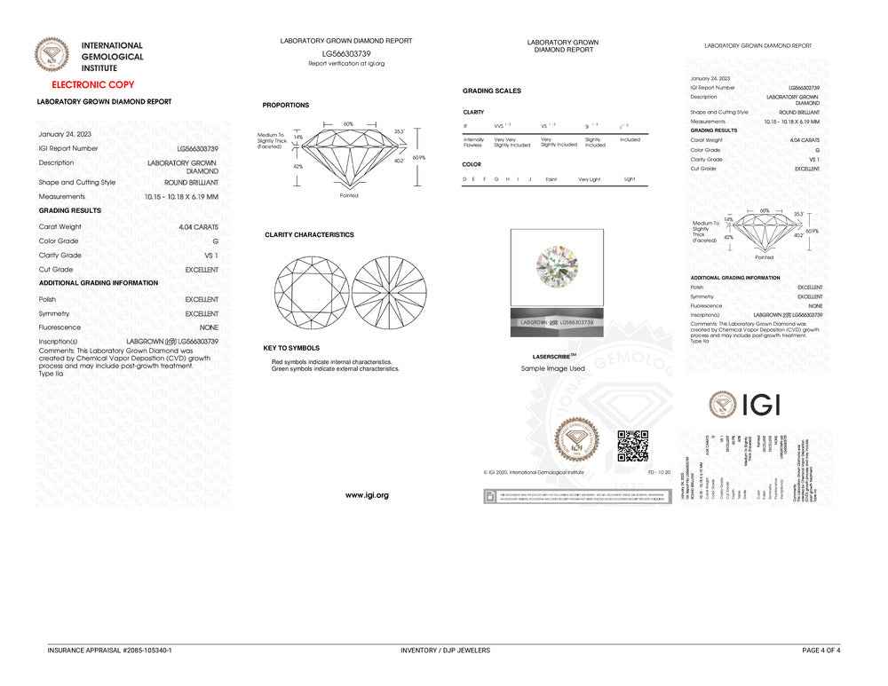 10K Yellow Gold Lab Grown IGI 4.04CT Round G VS1 Diamond Engagement Ring