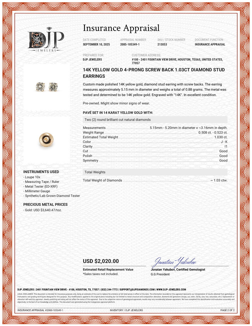 14K Yellow Gold 4-Prong Screw Back 1.03ct Diamond Stud Earrings