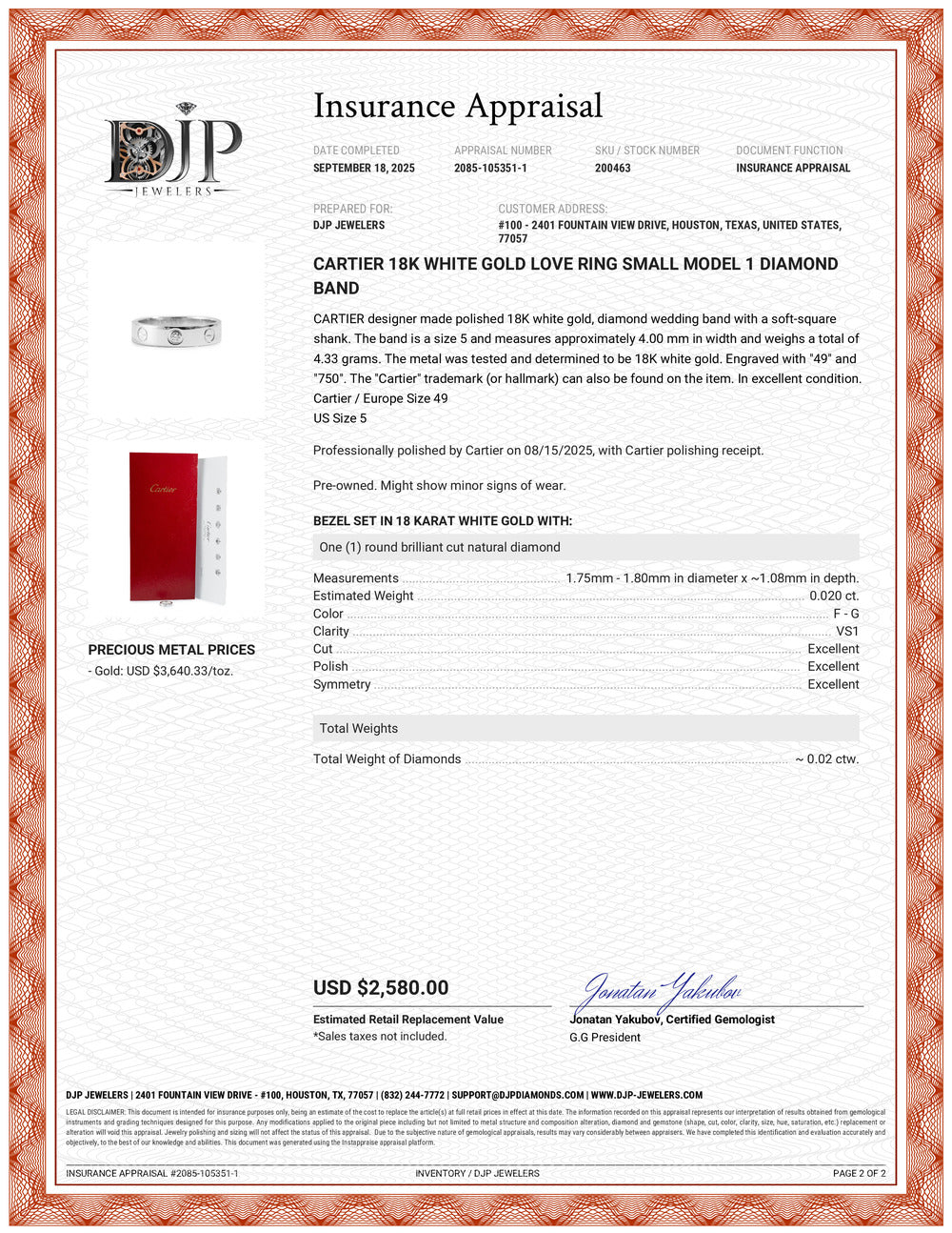 Cartier 18K White Gold Love Ring Small Model 1 Diamond Band