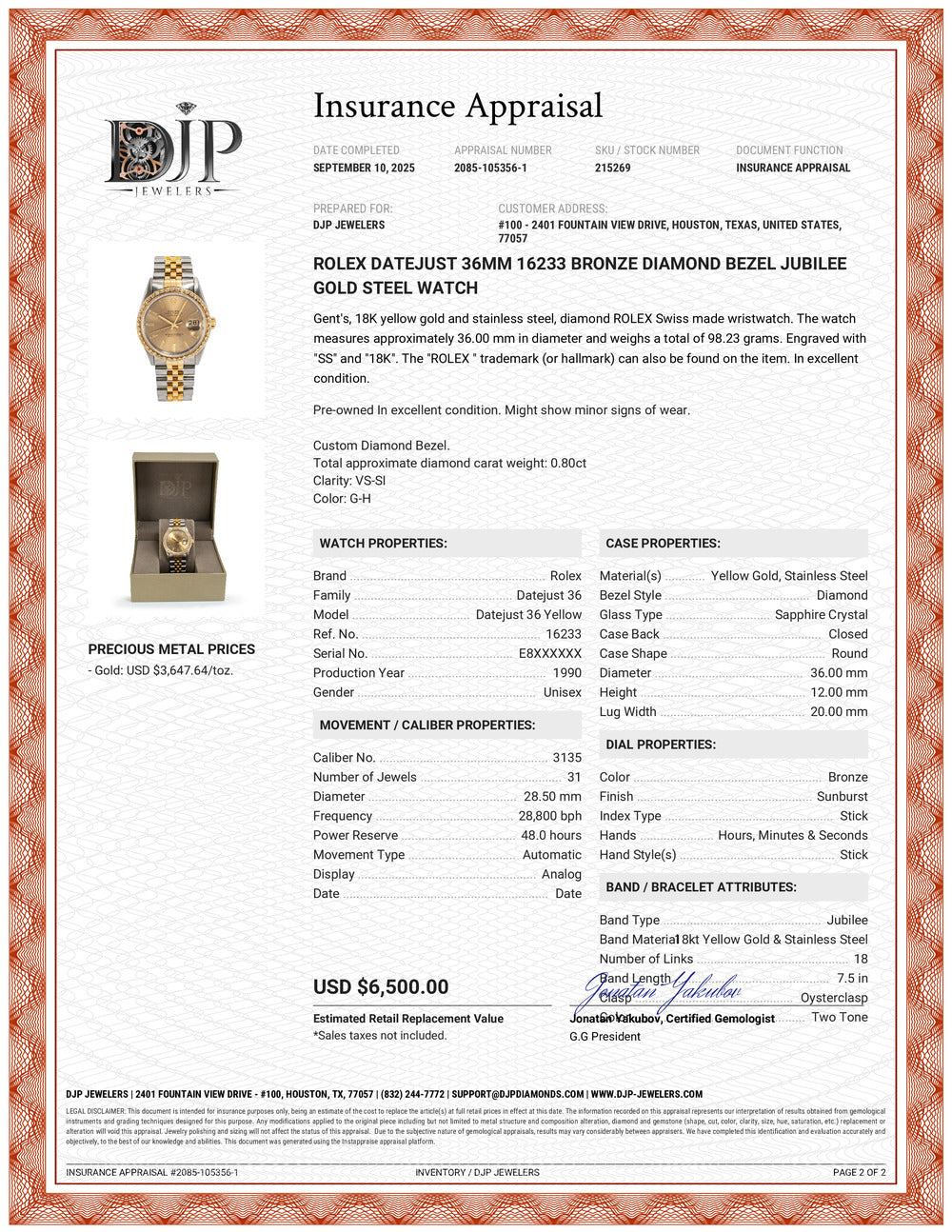Rolex Datejust 36MM 16233 Bronze Diamond Bezel Jubilee Gold Steel Watch