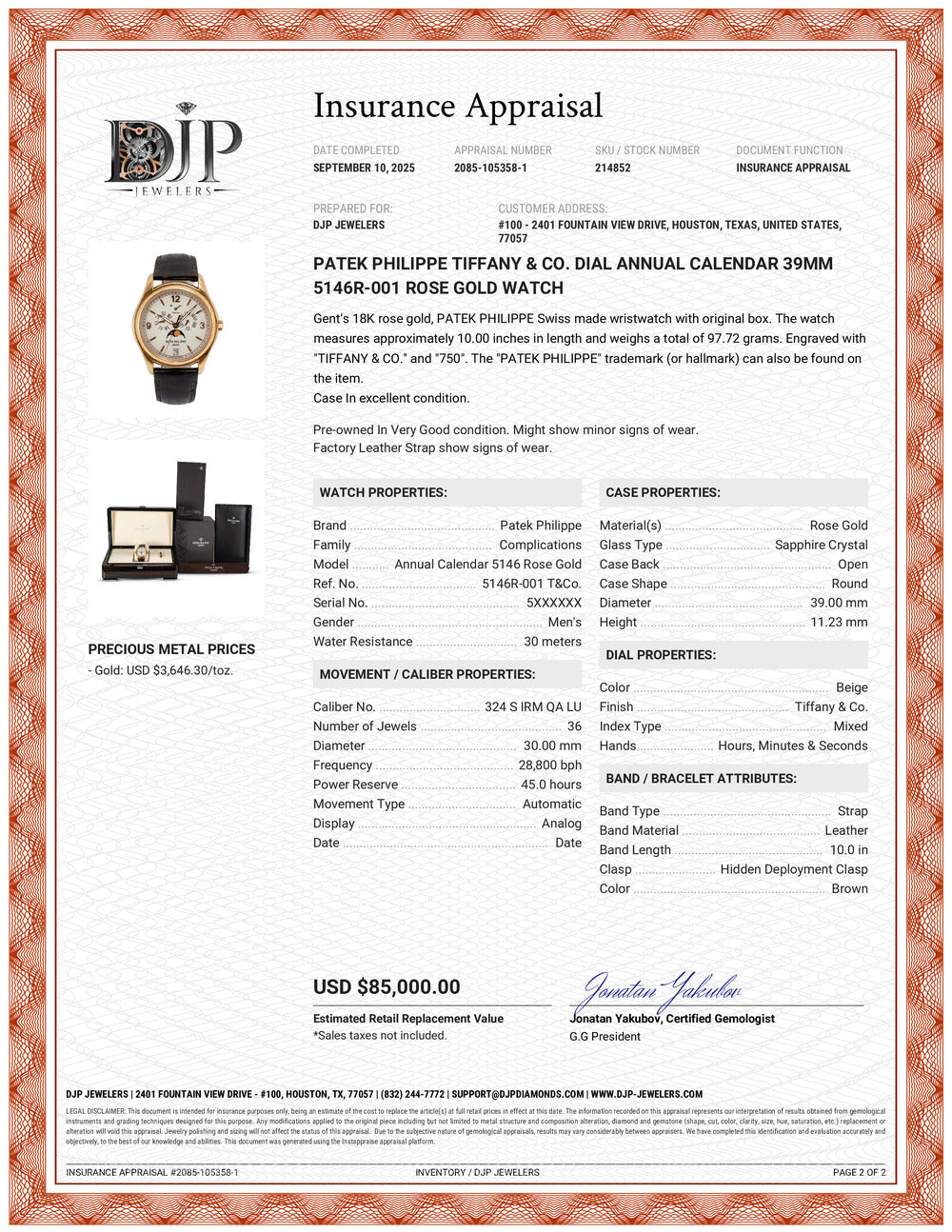 Patek Philippe Tiffany & Co. Dial Annual Calendar 39MM 5146R-001 Rose Gold Watch