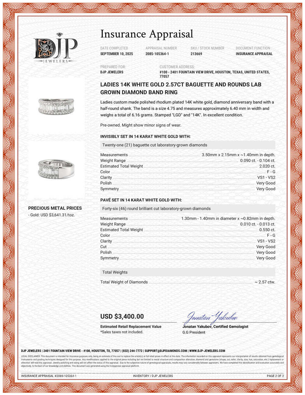 Ladies 14K White Gold 2.57ct Baguette and Rounds Lab Grown Diamond Band Ring