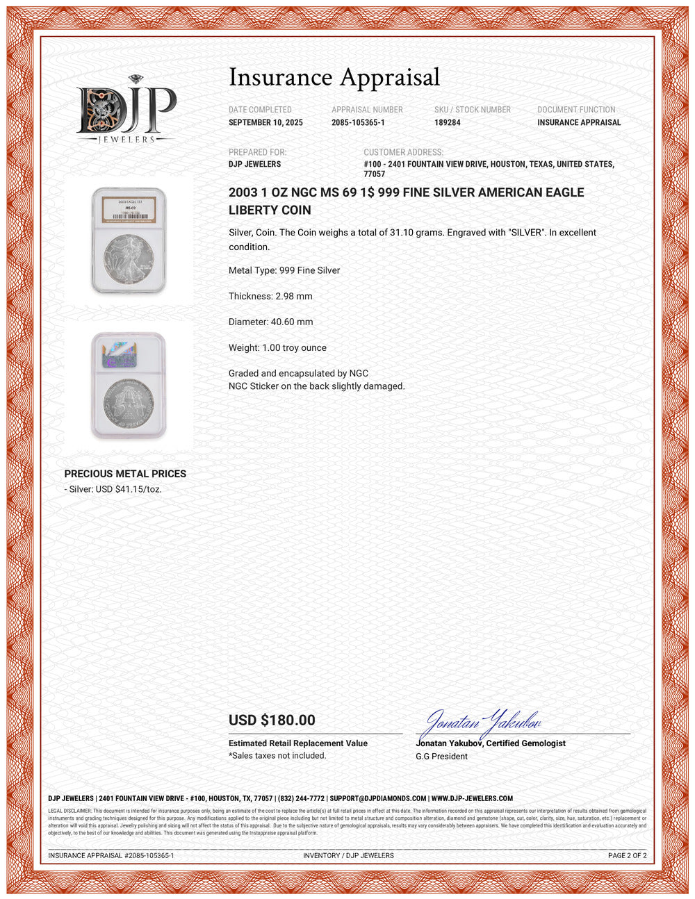 2003 1 Oz NGC MS 69 1$ 999 Fine Silver American Eagle Liberty Coin