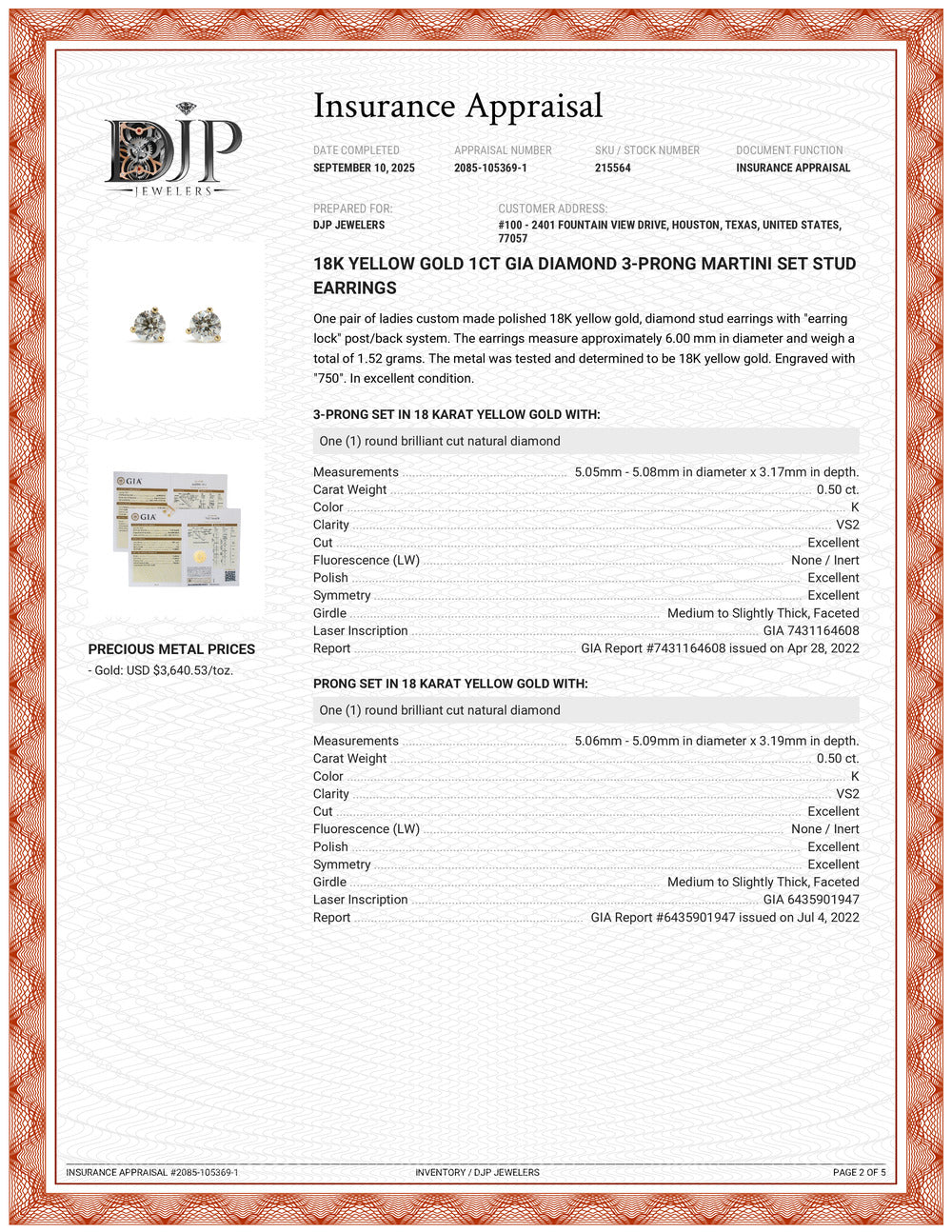 18K Yellow Gold 1CT GIA Diamond 3-Prong Martini Set Stud Earrings