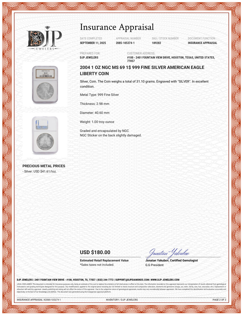 2004 1 Oz NGC MS 69 1$ 999 Fine Silver American Eagle Liberty Coin