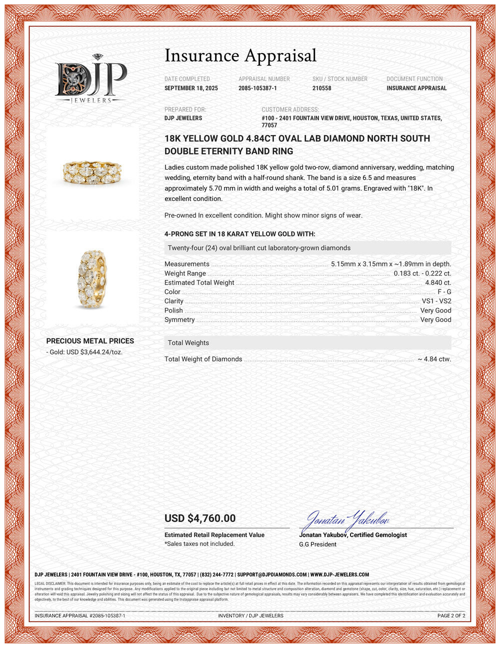 18K Yellow Gold 4.84ct Oval Lab Diamond North South Double Eternity Band Ring