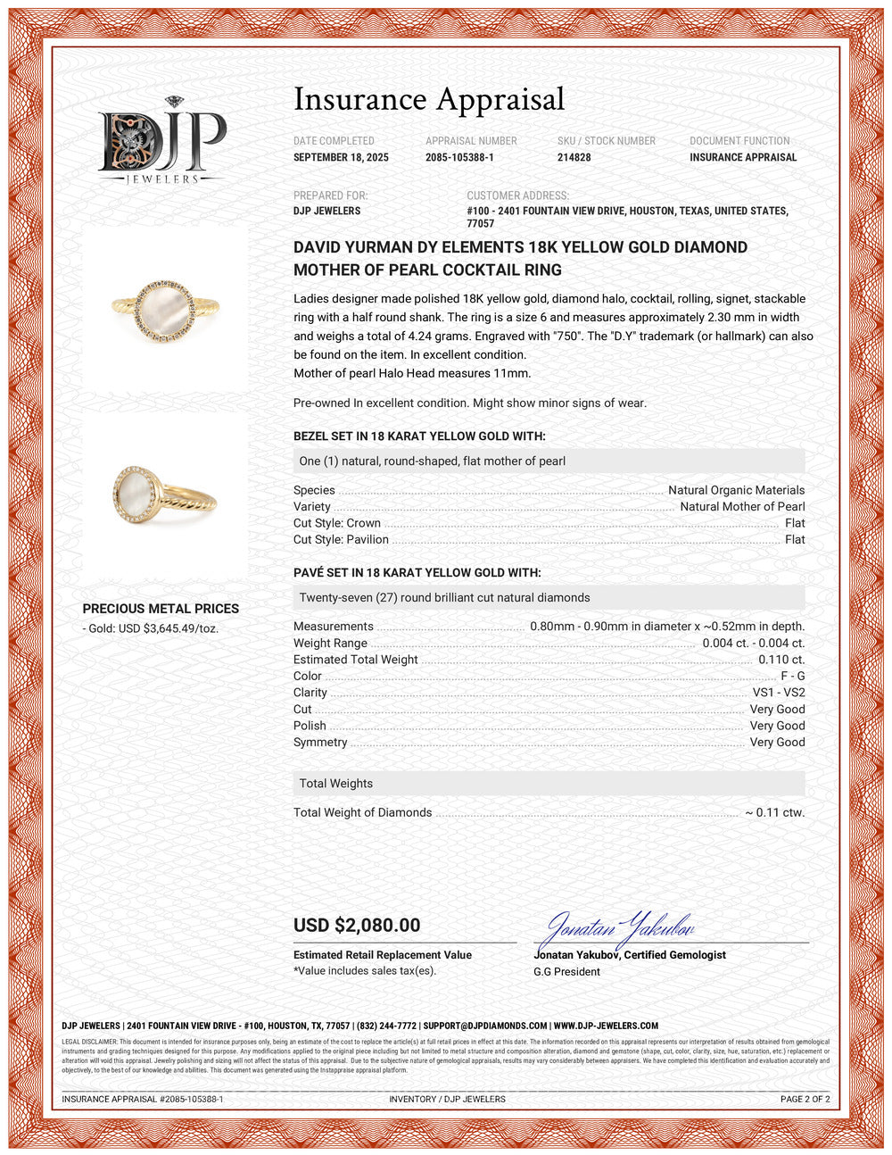 David Yurman Dy Elements 18K Yellow Gold Diamond Mother of Pearl Cocktail Ring