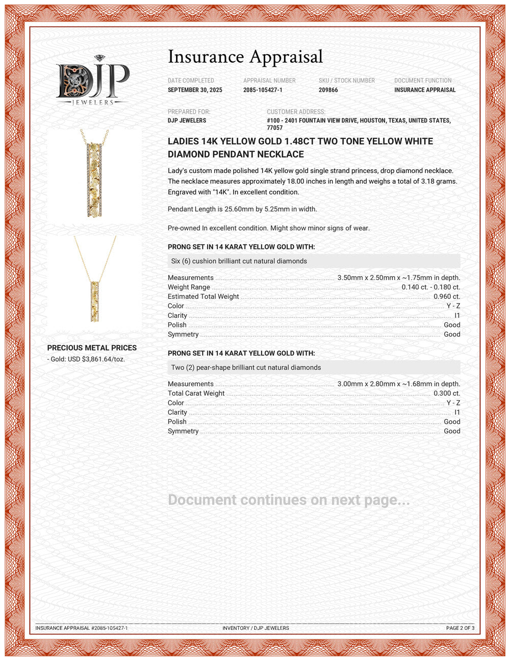 Ladies 14K Yellow Gold 1.48ct Two Tone Yellow White Diamond Pendant Necklace