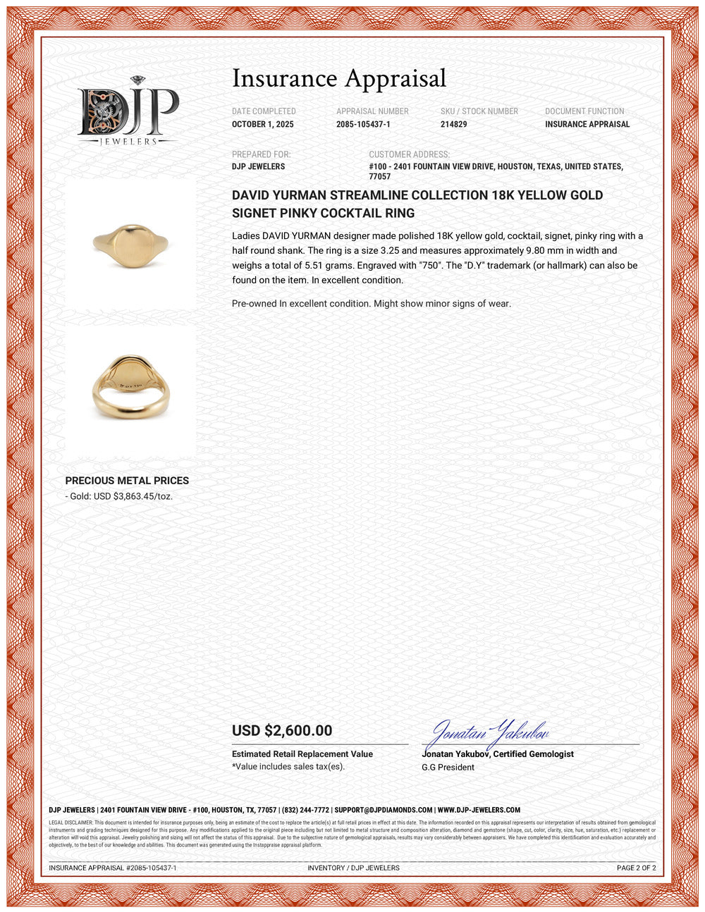 David Yurman Streamline Collection 18K Yellow Gold Signet Pinky Cocktail Ring