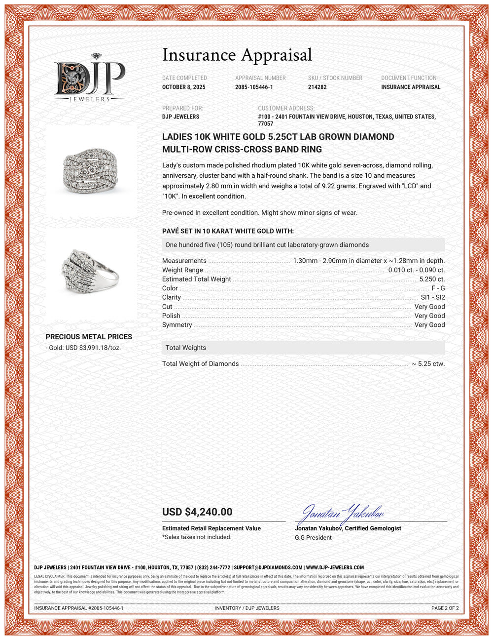 Ladies 10K White Gold 5.25ct Lab Grown Diamond Multi-Row Criss-Cross Band Ring