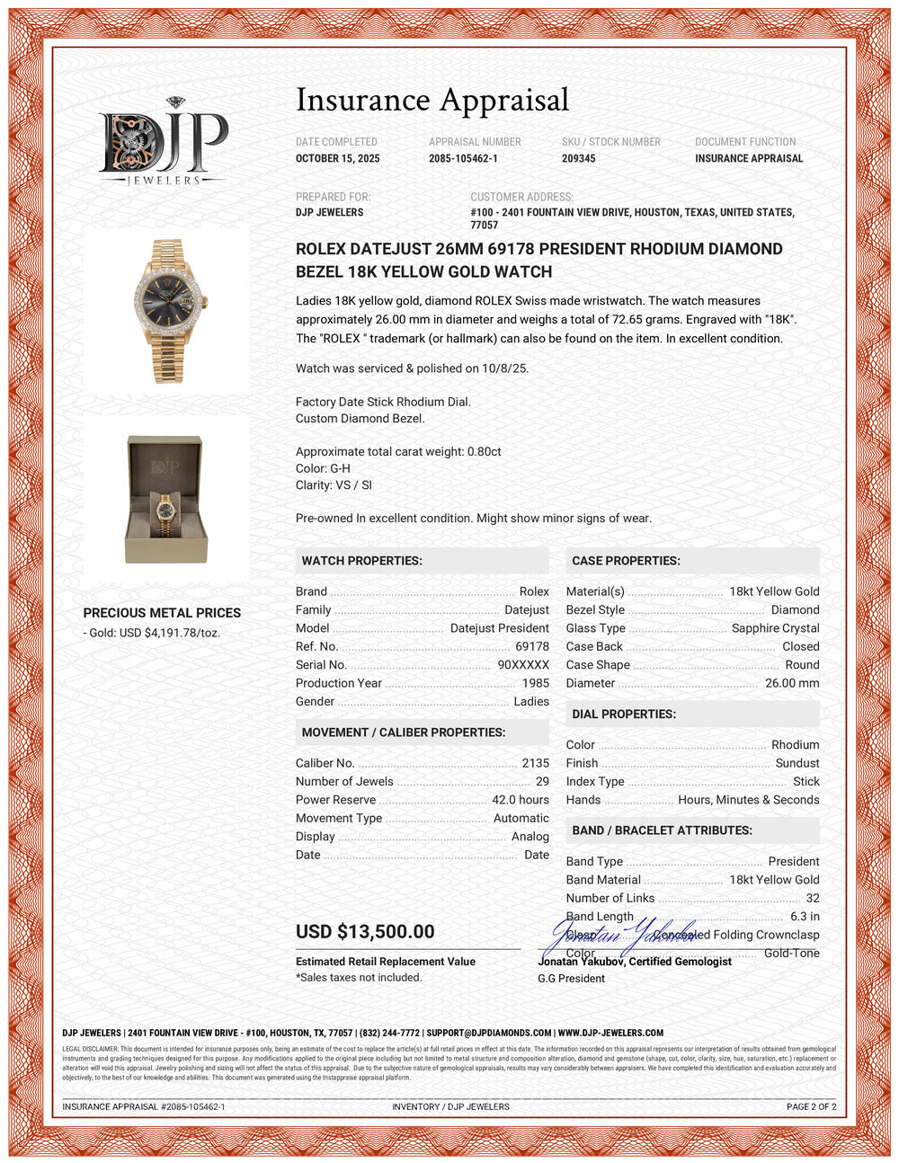 Rolex Datejust 26MM 69178 President Rhodium Diamond Bezel 18K Yellow Gold Watch