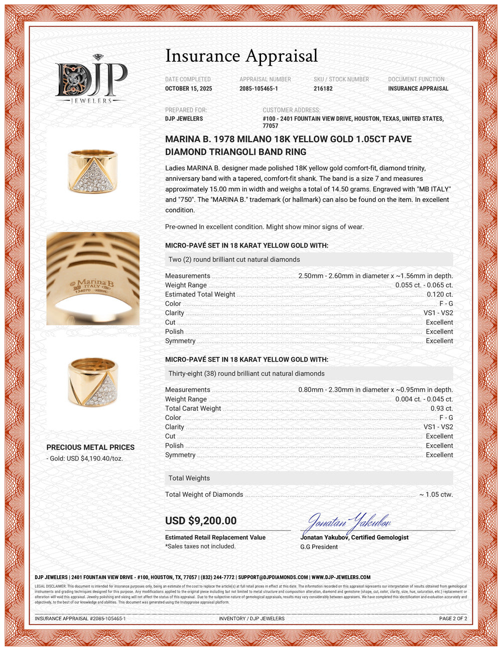 Marina B. 1978 Milano 18K Yellow Gold 1.05ct Pave Diamond Triangoli Band Ring