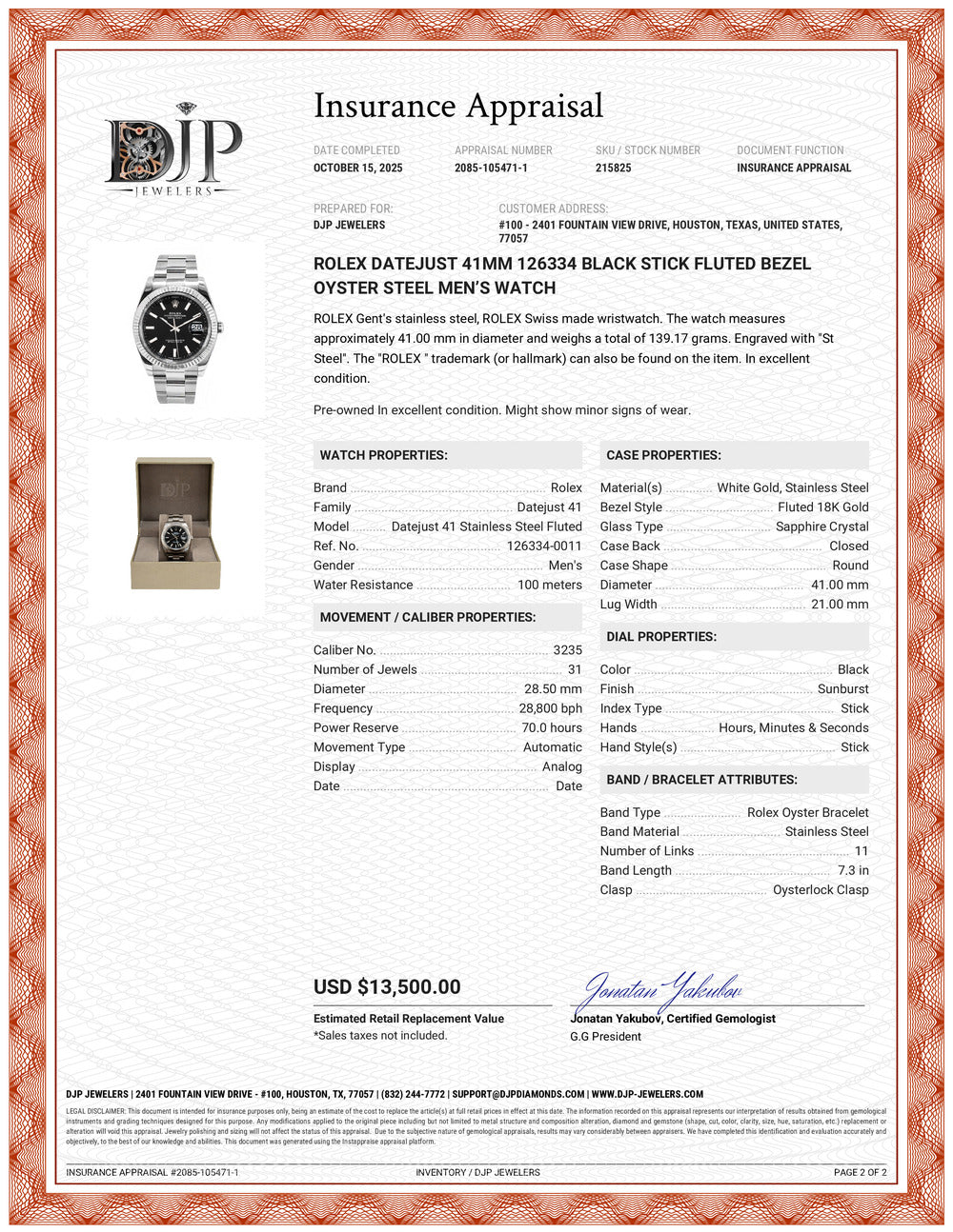 Rolex Datejust 41MM 126334 Black Stick Fluted Bezel Oyster Steel Men’s Watch