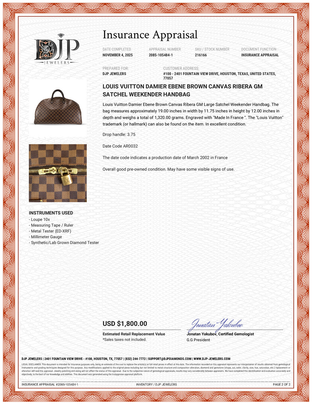 Louis Vuitton Damier Ebene Brown Canvas Ribera GM Satchel Weekender Handbag