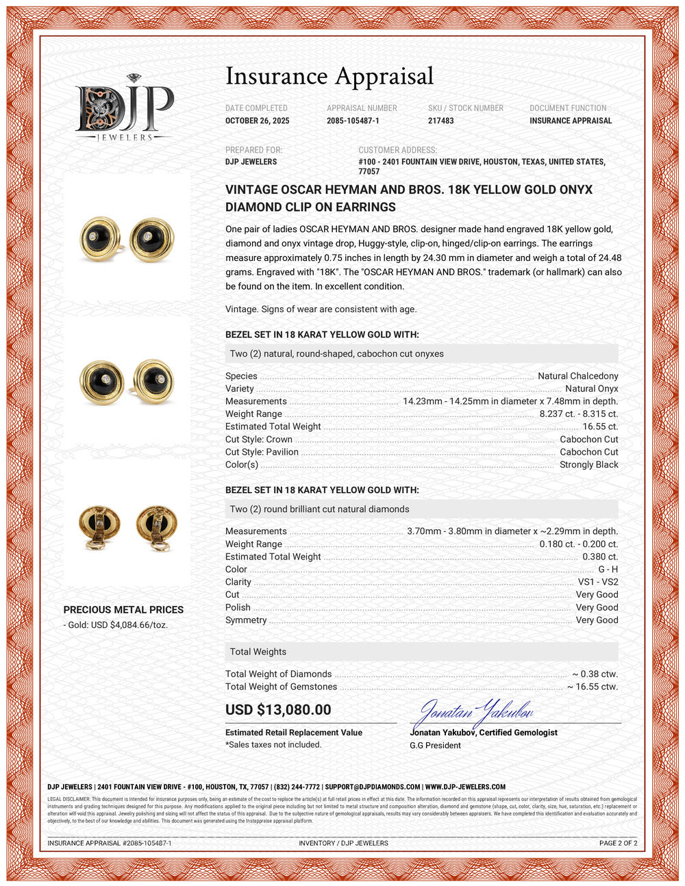 Vintage Oscar Heyman and Bros. 18K Yellow Gold Onyx Diamond Clip on Earrings