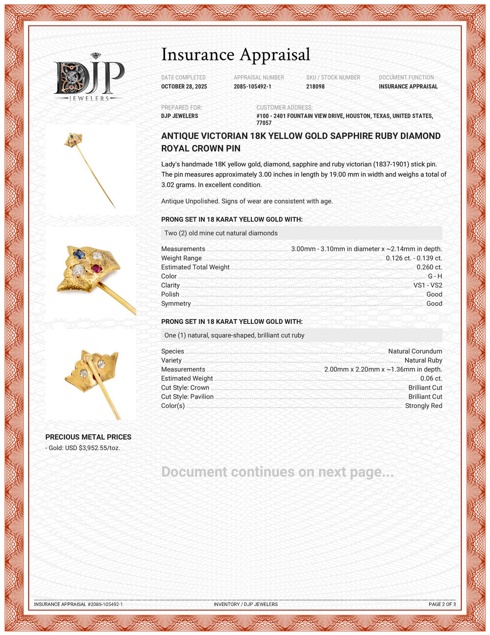Antique Victorian 18K Yellow Gold Sapphire Ruby Diamond Royal Crown Pin