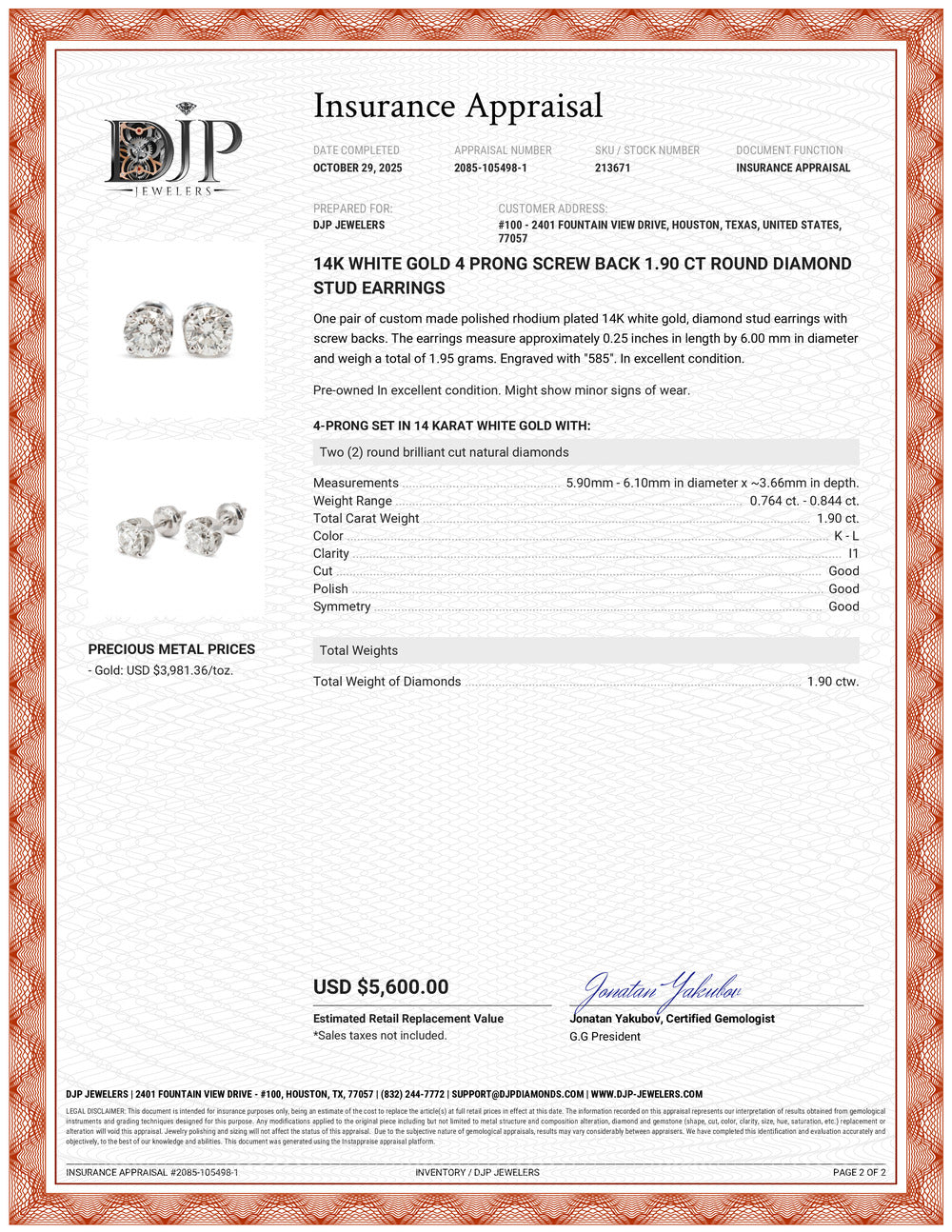 14K White Gold 4 Prong Screw Back 1.90 CT Round Diamond Stud Earrings