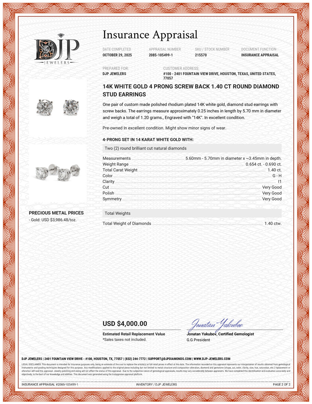 14K White Gold 4 Prong Screw Back 1.40 CT Round Diamond Stud Earrings