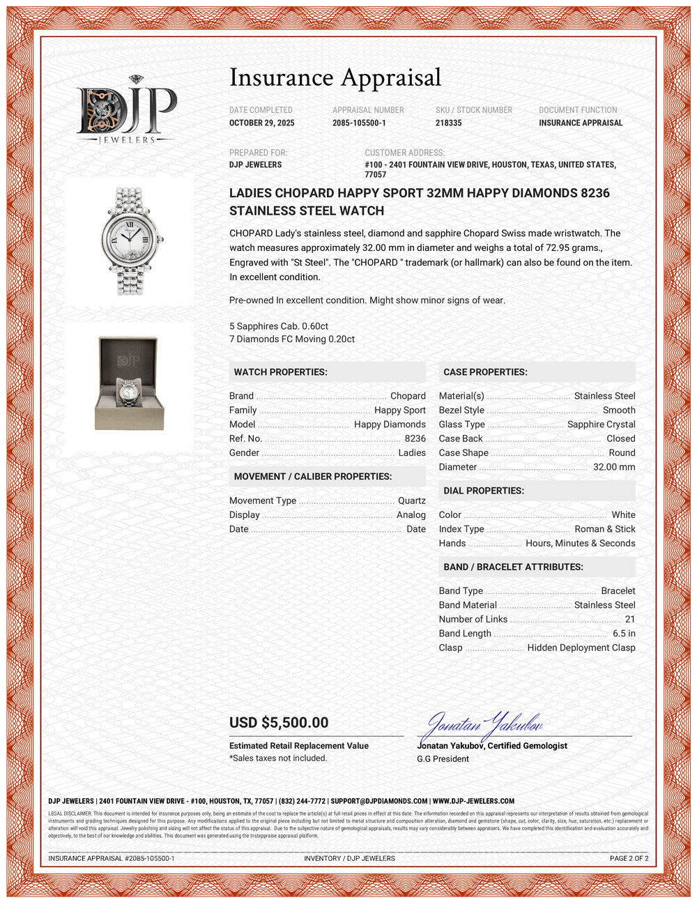 Ladies Chopard Happy Sport 32MM Happy Diamonds 8236 Stainless Steel Watch