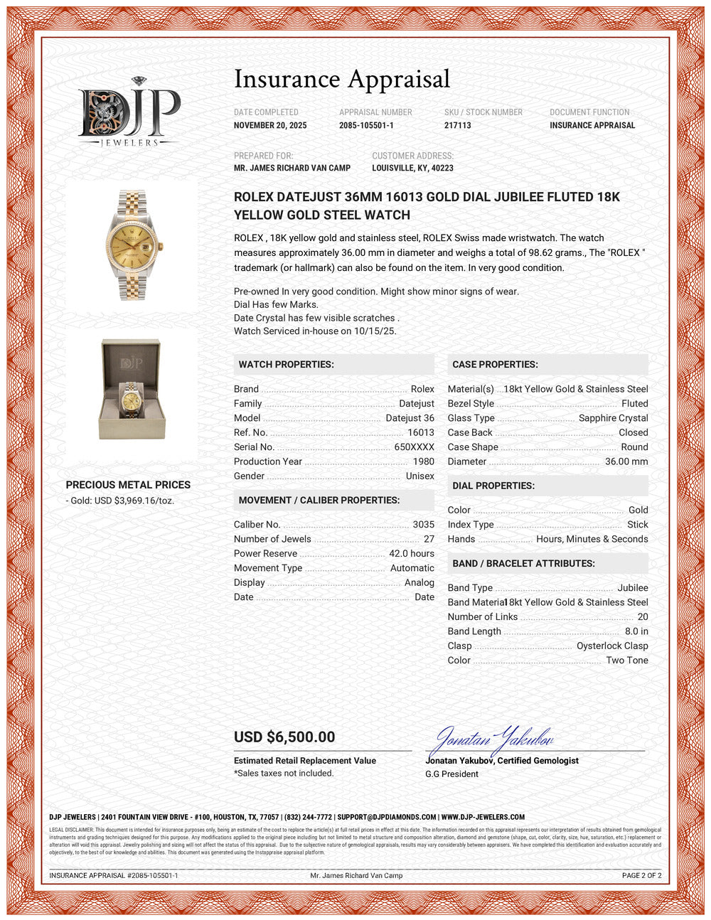 Rolex Datejust 36MM 16013 Gold Dial Jubilee Fluted 18K Yellow Gold Steel Watch