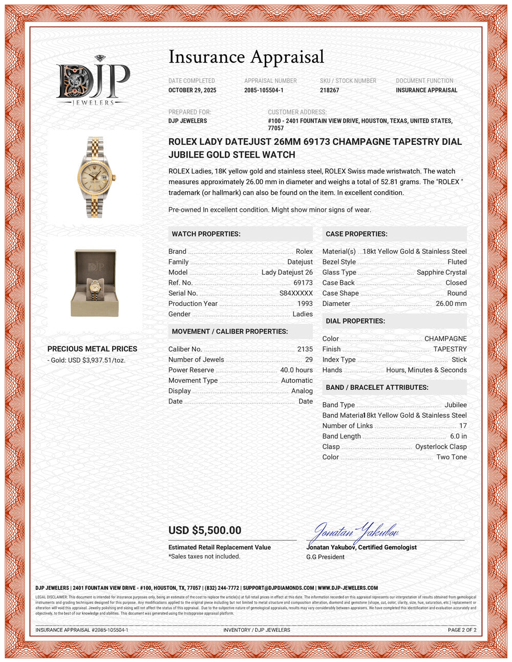 Rolex Lady Datejust 26MM 69173 Champagne Tapestry Dial Jubilee Gold Steel Watch