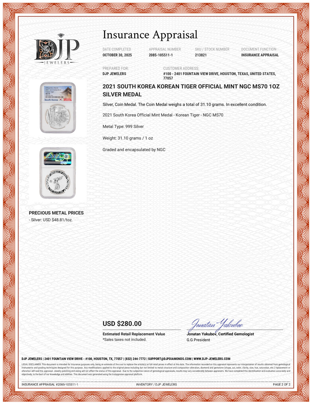 2021 South Korea Korean Tiger Official Mint NGC MS70 1OZ Silver Medal