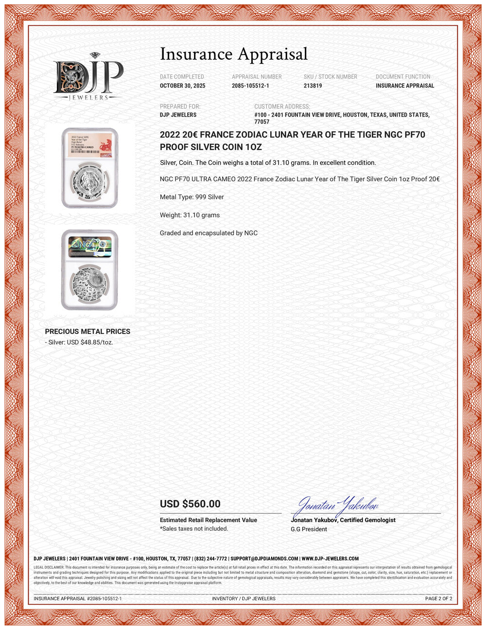 2022 20€ France Zodiac Lunar Year of the Tiger NGC PF70 Proof Silver Coin 1OZ