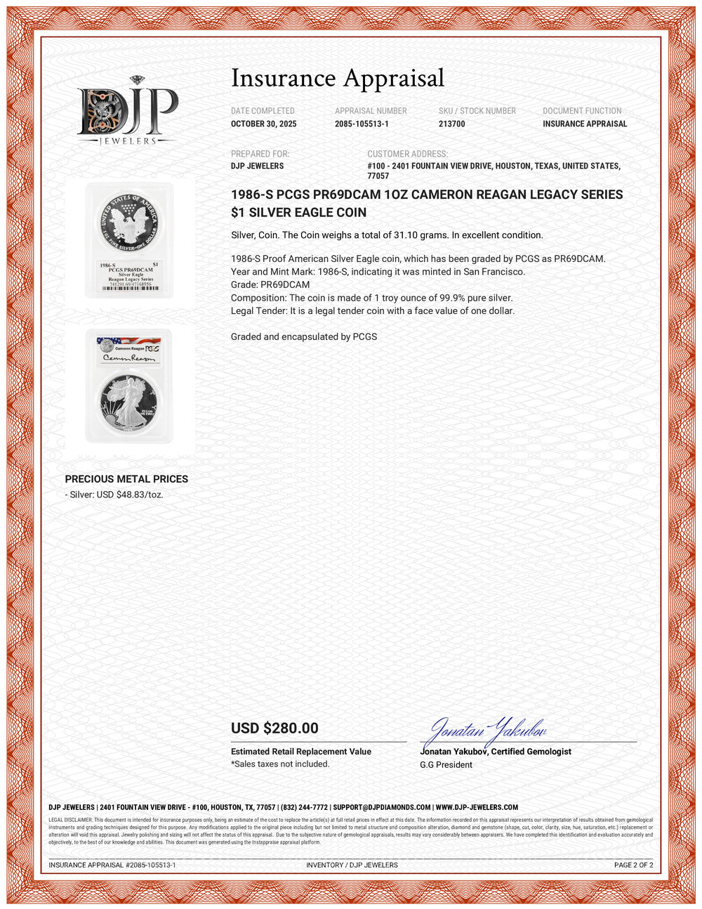 1986-S PCGS PR69DCAM 1OZ Cameron Reagan Legacy Series $1 Silver Eagle Coin