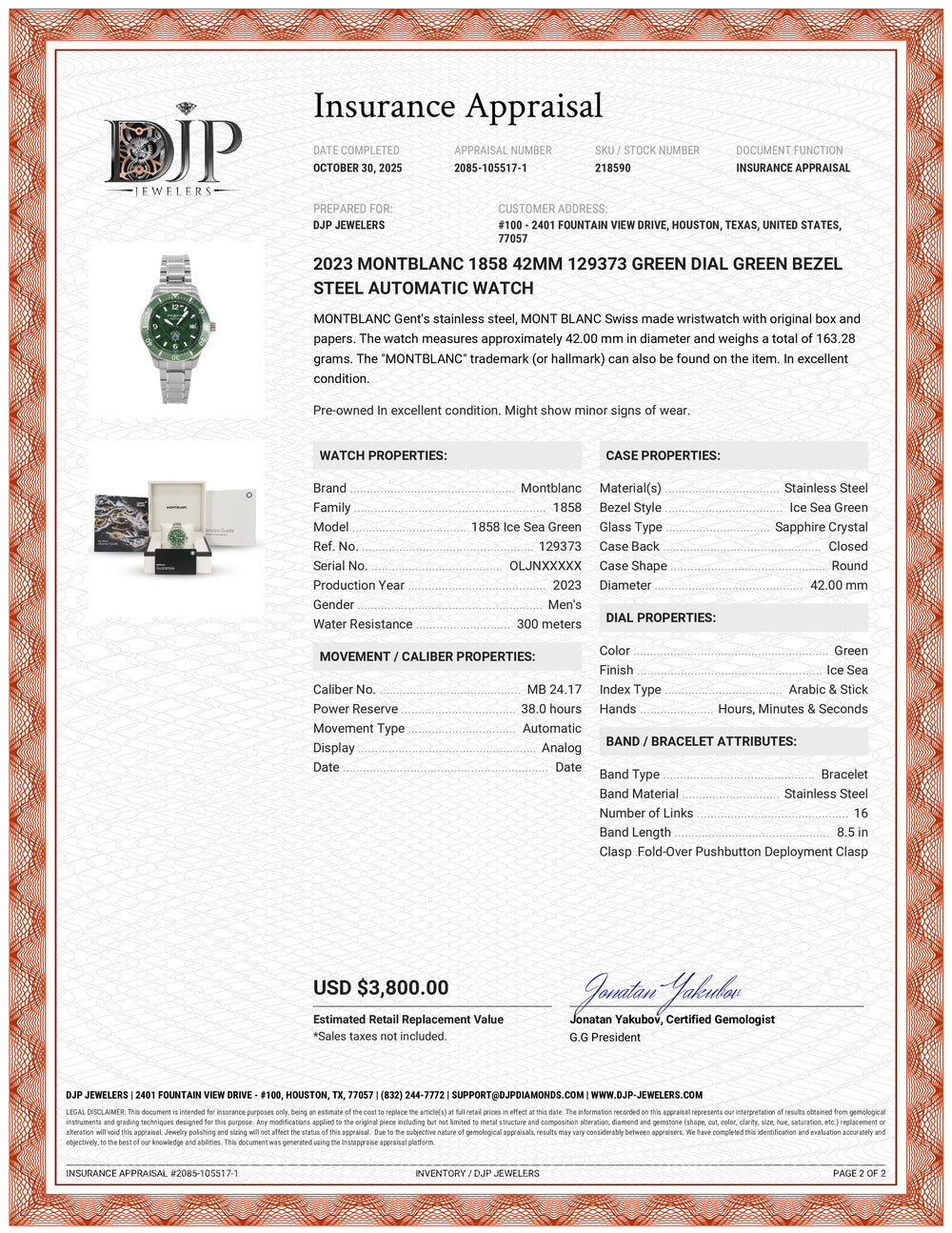 2023 Montblanc 1858 42MM 129373 Green Dial Green Bezel Steel Automatic Watch