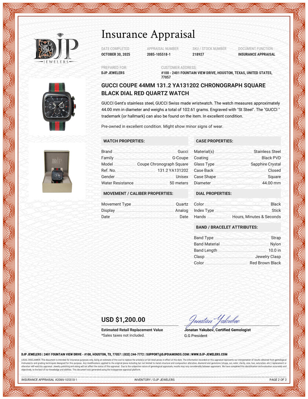 Gucci Coupe 44MM 131.2 YA131202 Chronograph Square Black Dial Red Quartz Watch