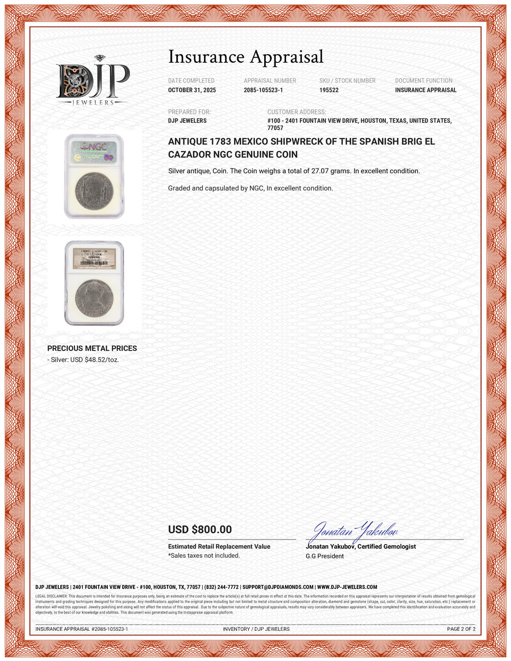 Antique 1783 Mexico Shipwreck of the Spanish Brig El Cazador NGC Genuine Coin