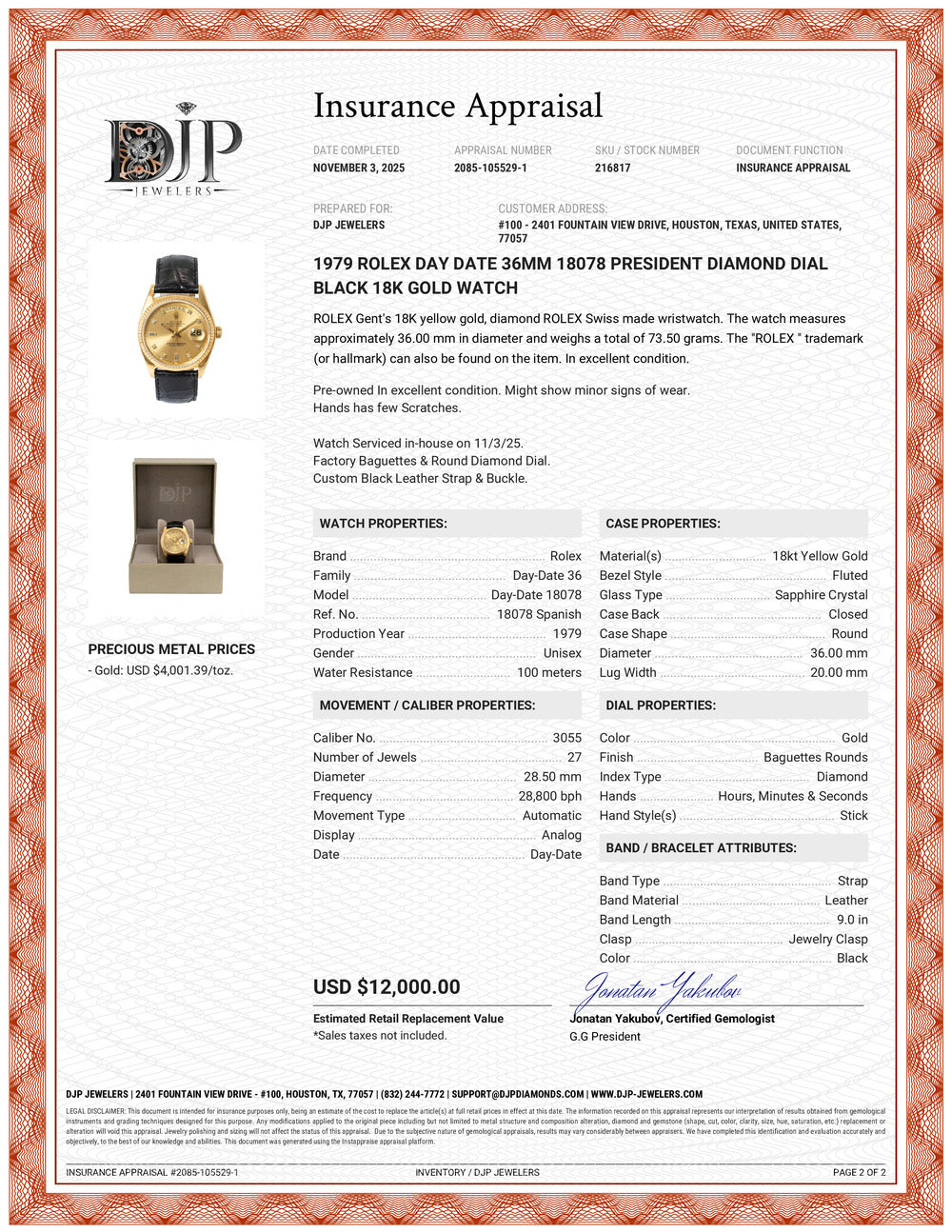 1979 Rolex Day Date 36MM 18078 President Diamond Dial Black 18K Gold Watch