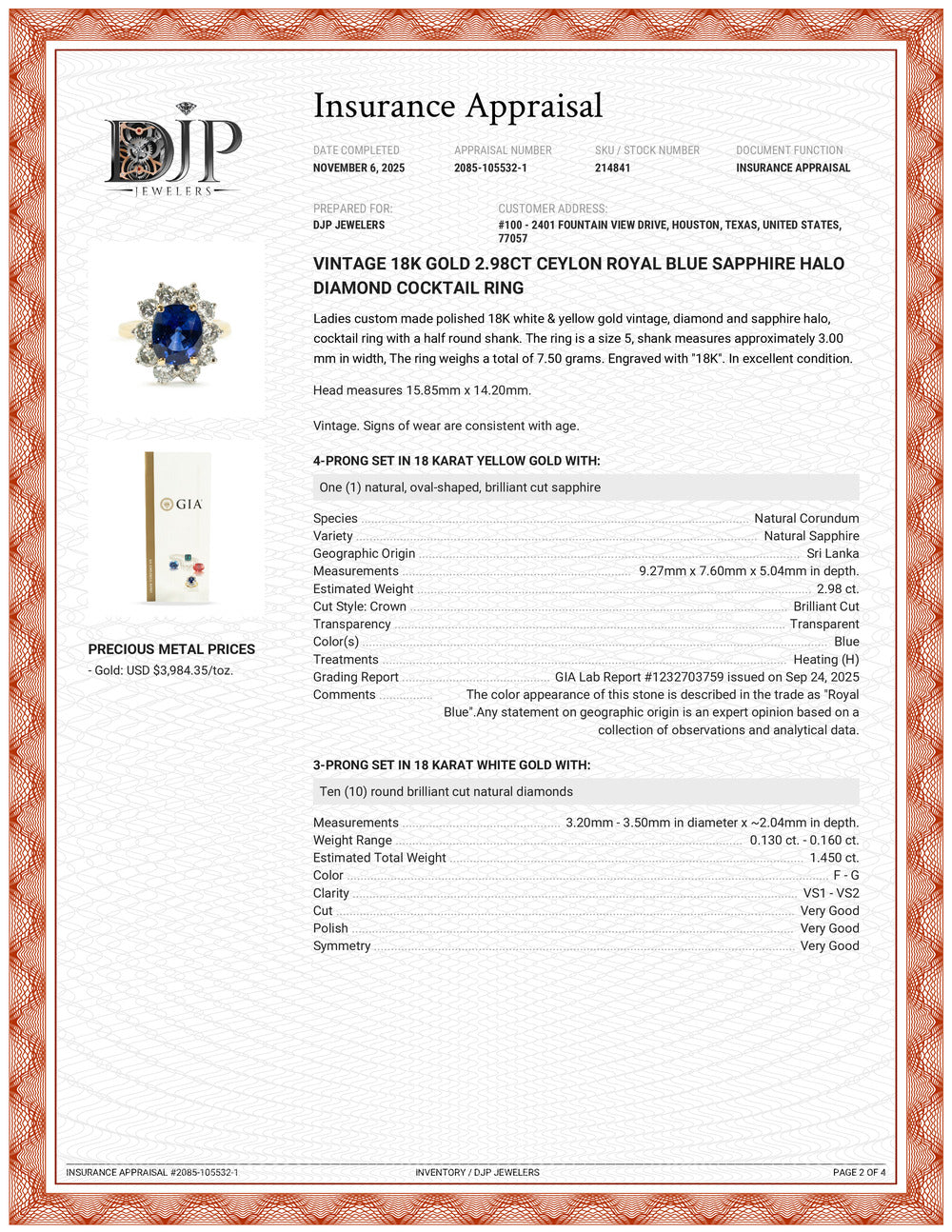 Vintage 18K Gold 2.98ct GIA Ceylon Royal Blue Sapphire Halo Diamond Cocktail Ring