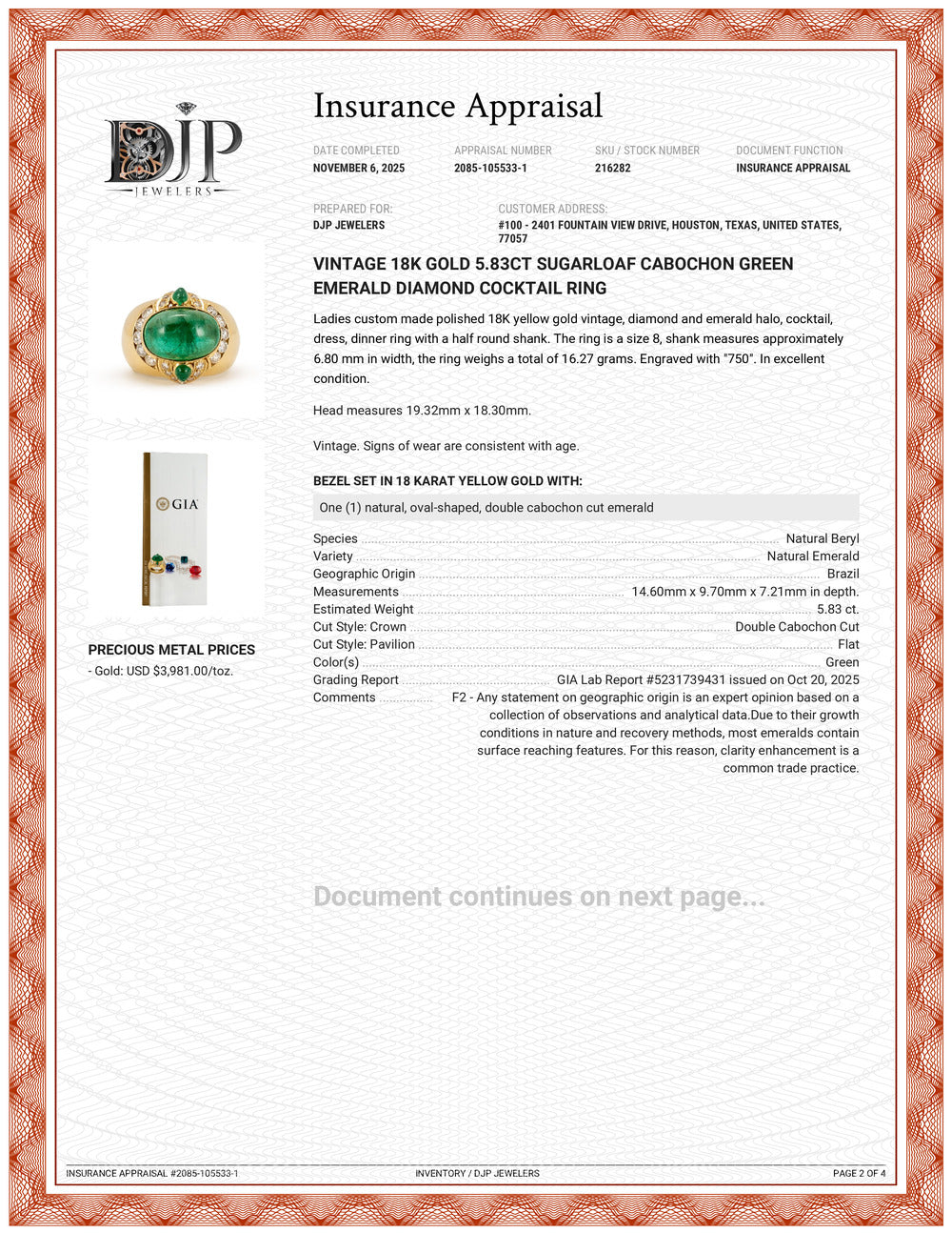 Vintage 18K Gold 5.83ct Sugarloaf Cabochon Green Emerald Diamond Cocktail Ring