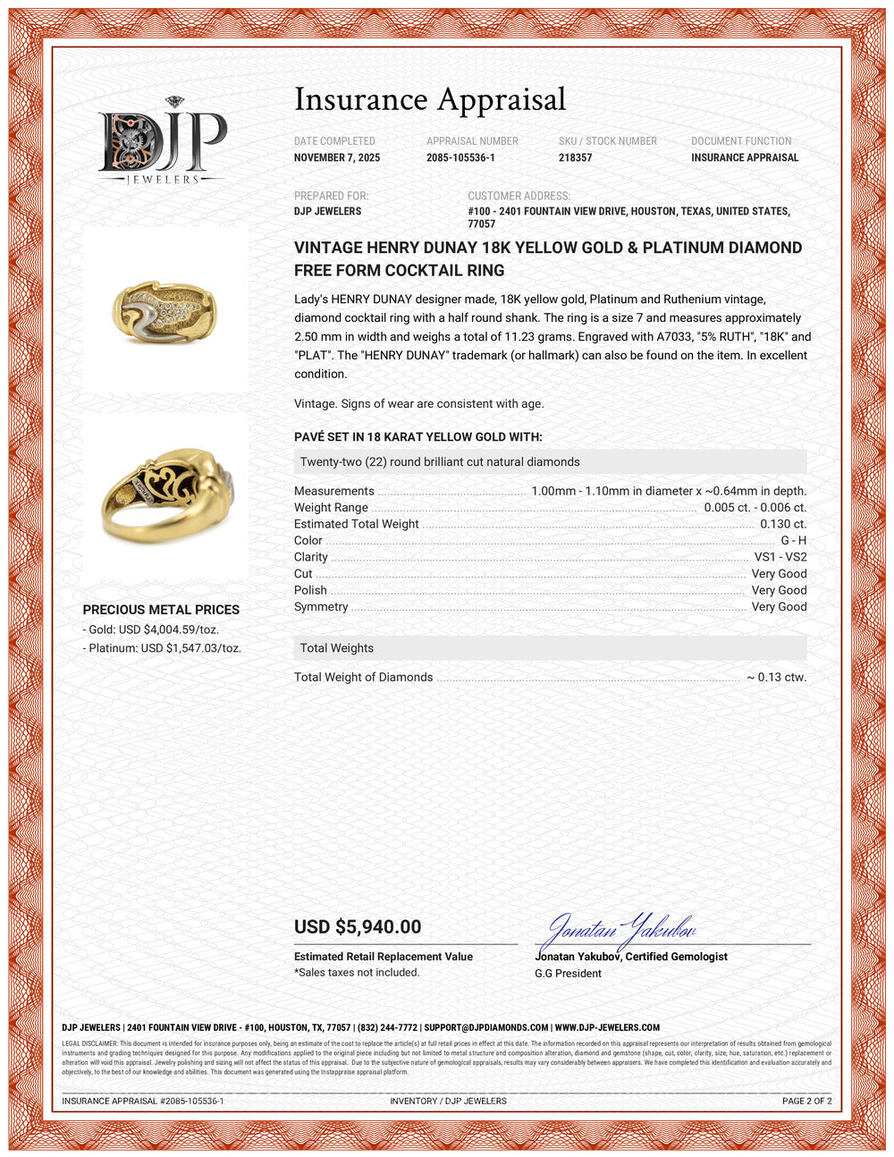 Vintage Henry Dunay 18K Yellow Gold & Platinum Diamond Free Form Cocktail Ring