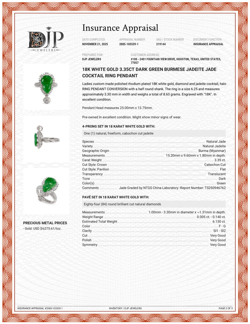 18K White Gold 3.35ct Dark Green Burmese Jadeite Jade Cocktail Ring Pendant