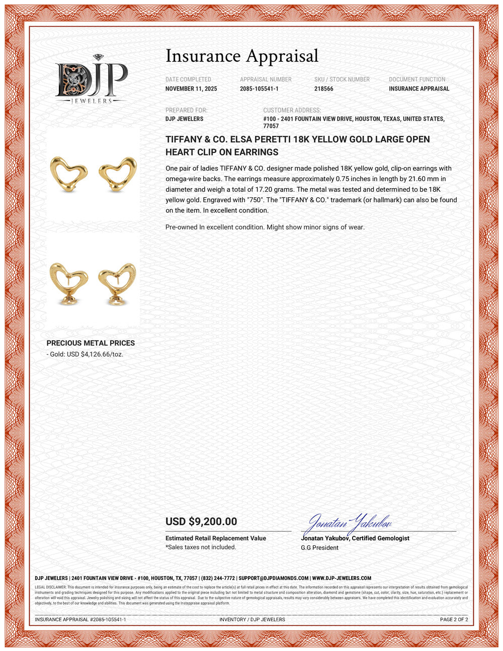 Tiffany & Co. Elsa Peretti 18K Yellow Gold Large Open Heart Clip on Earrings