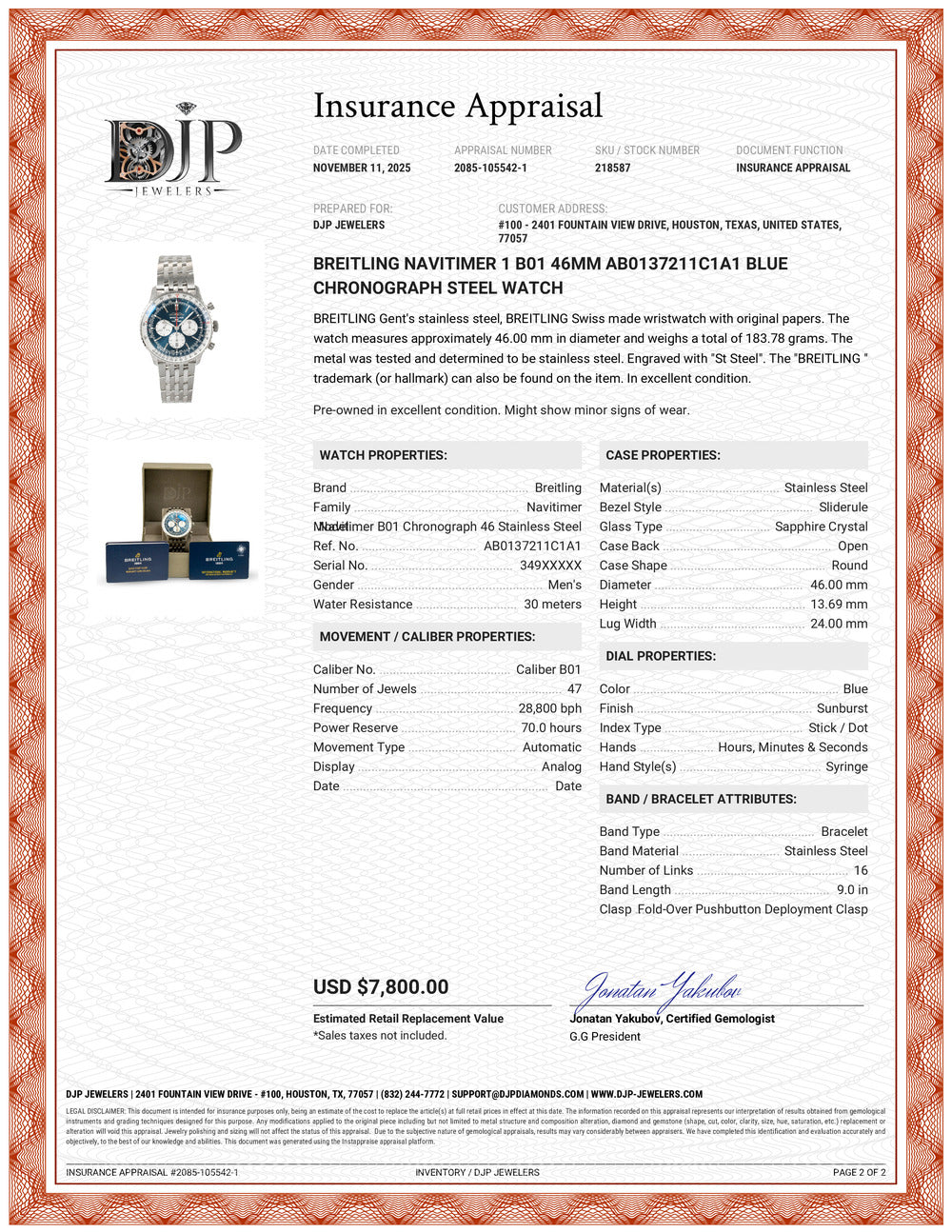 Breitling Navitimer 1 B01 46MM ab0137211c1a1 Blue Chronograph Steel Watch