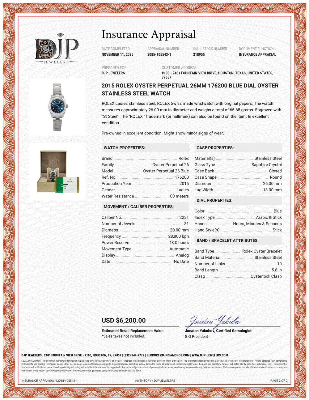 2015 Rolex Oyster Perpetual 26MM 176200 Blue Dial Oyster Stainless Steel Watch