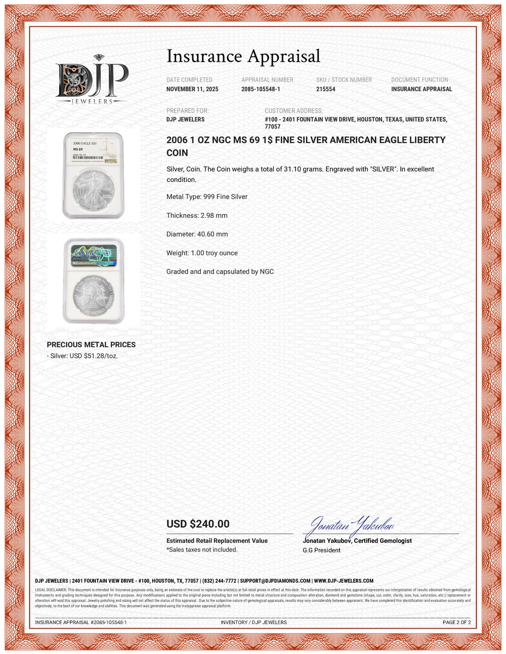 2006 1 Oz NGC MS 69 1$ Fine Silver American Eagle Liberty Coin
