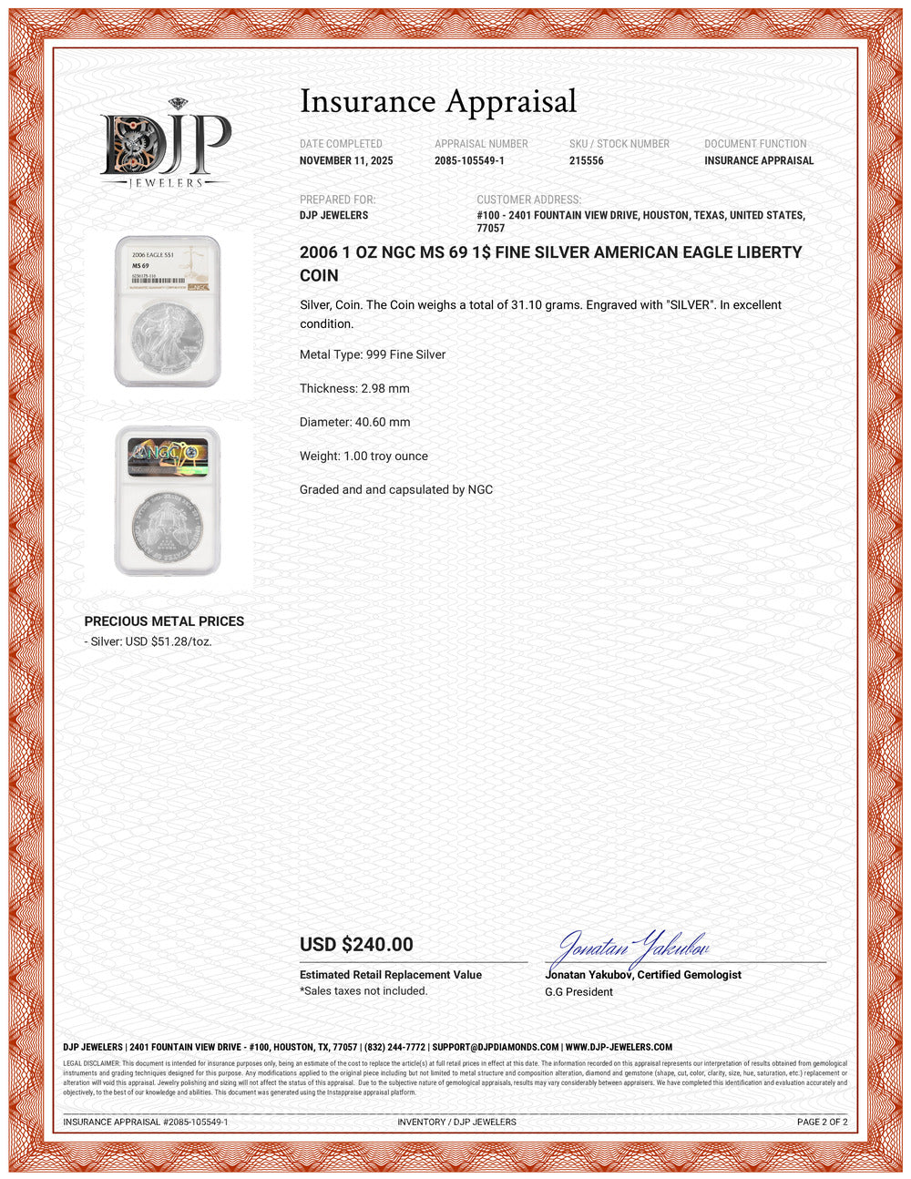 2006 1 Oz NGC MS 69 1$ Fine Silver American Eagle Liberty Coin