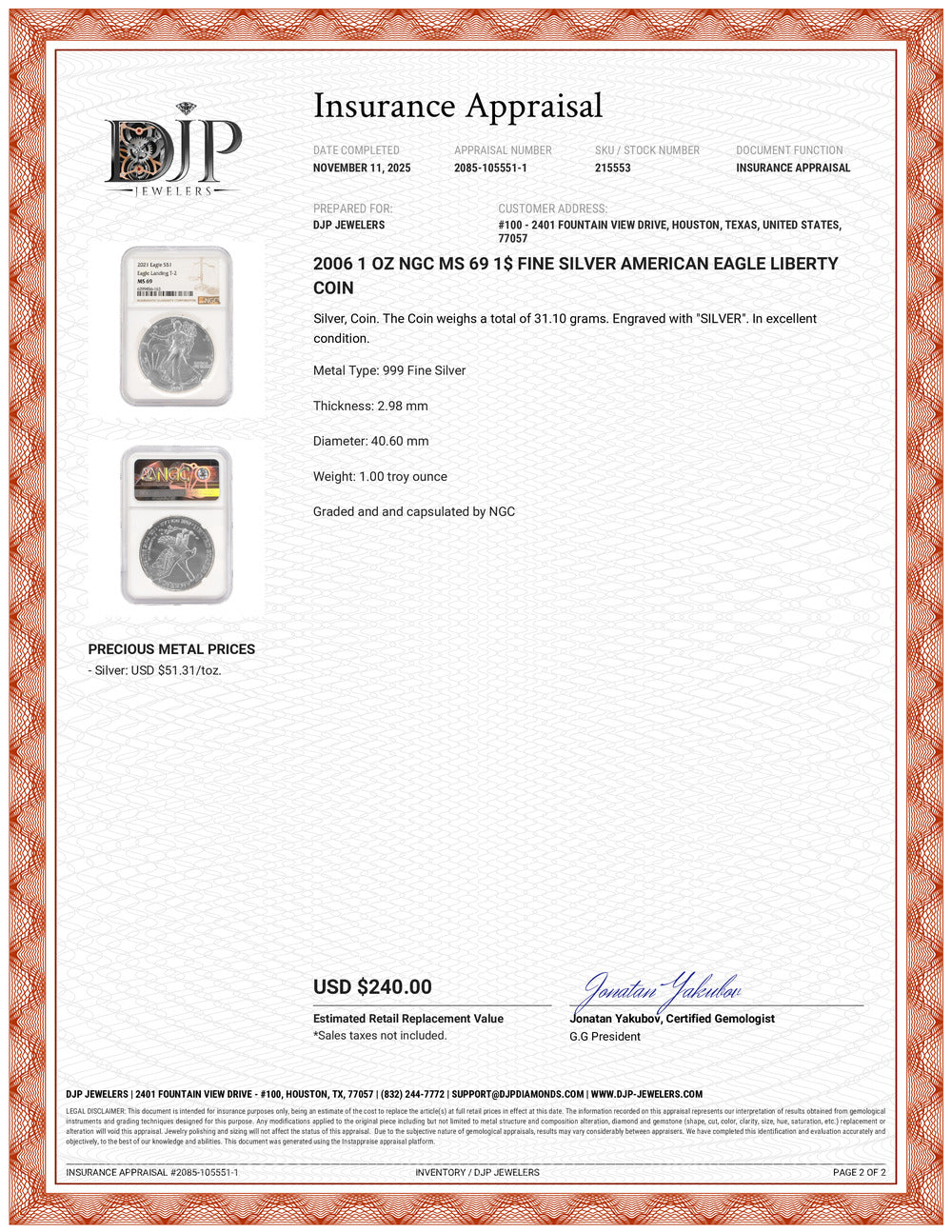 2006 1 Oz NGC MS 69 1$ Fine Silver American Eagle Liberty Coin