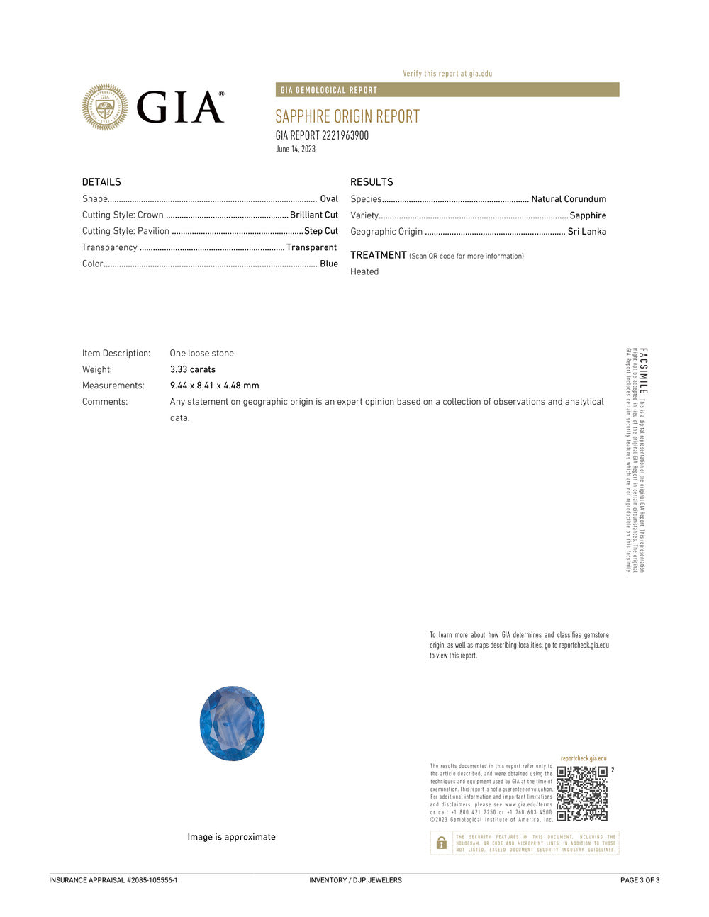 Natural 3.33ct GIA Oval Shape Cut Sri Lanka Ceylon Blue Loose Sapphire