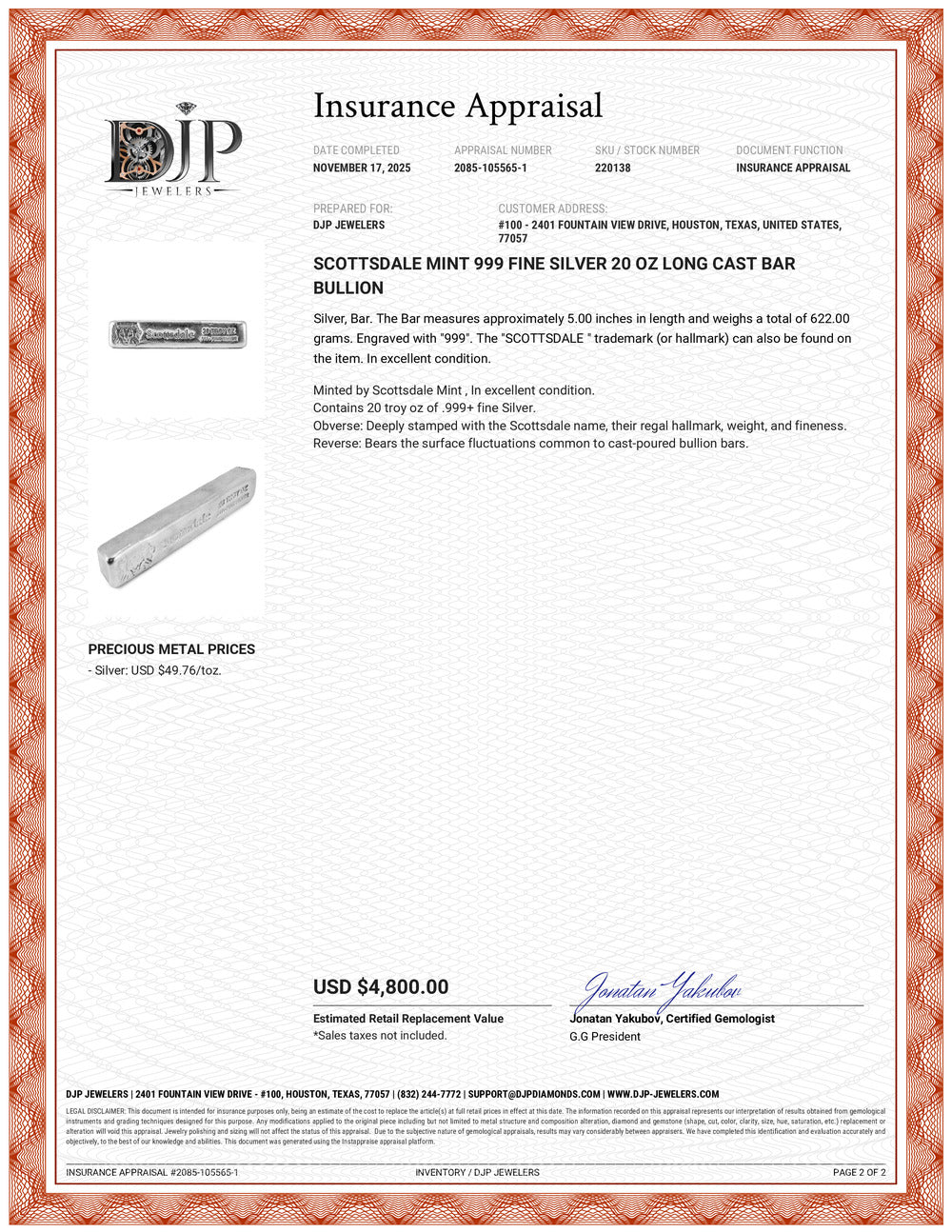 Scottsdale Mint 999 Fine Silver 20 Oz Long Cast Bar Bullion