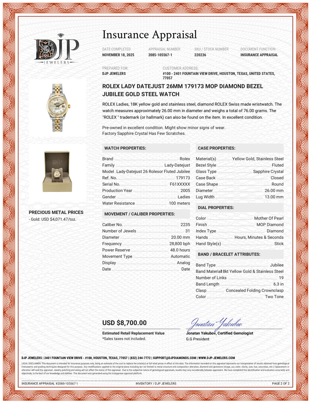 Rolex Ladies Datejust 26MM 179173 Mop Diamond Bezel Jubilee Gold Steel Watch
