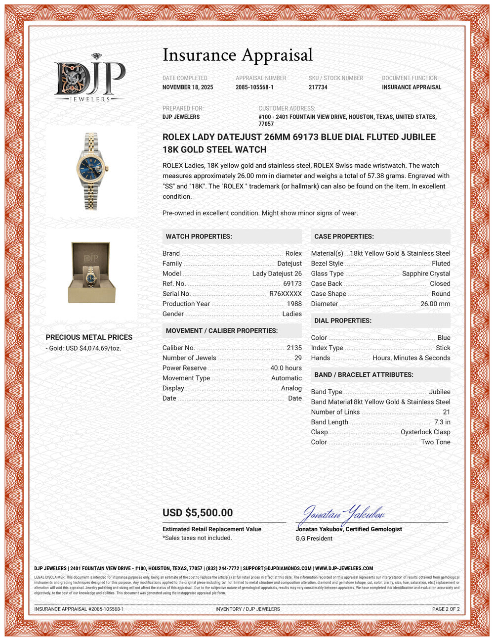 Rolex Ladies Datejust 26MM 69173 Blue Dial Fluted Jubilee 18K Gold Steel Watch