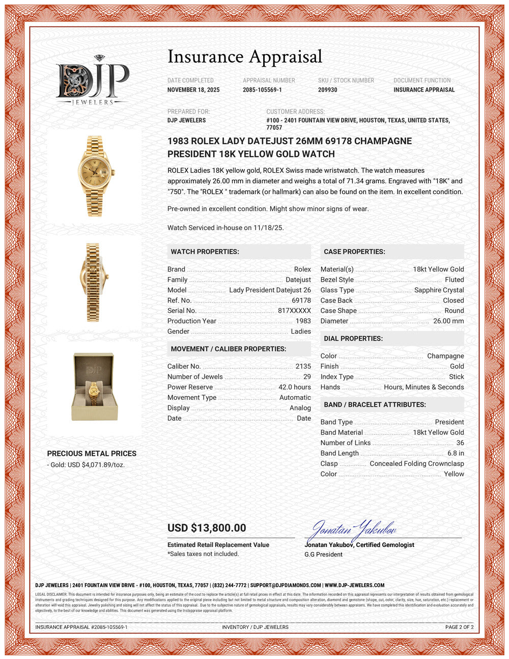 1983 Rolex Ladies Datejust 26MM 69178 Champagne President 18K Yellow Gold Watch